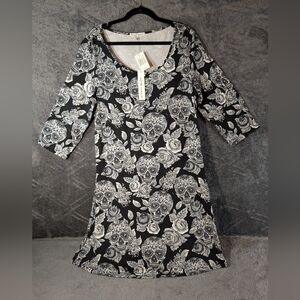 Runway Ready Skull & Roses A-line Dress Large Black/White 3/4 Sleeve